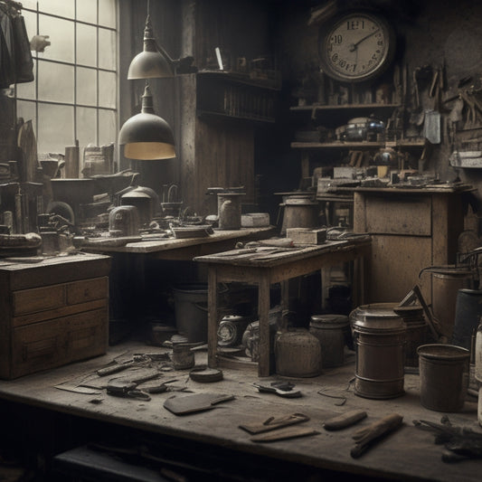 A cluttered workshop with scattered tools, half-finished projects, and a messy workbench, with a clock ticking away in the background, surrounded by cobwebs and dust.