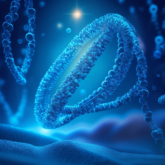 A stylized illustration of a DNA double helix structure with glowing blue RNA sequences unwinding from it, surrounded by swirling clouds of bioinformatic data points and nodes.