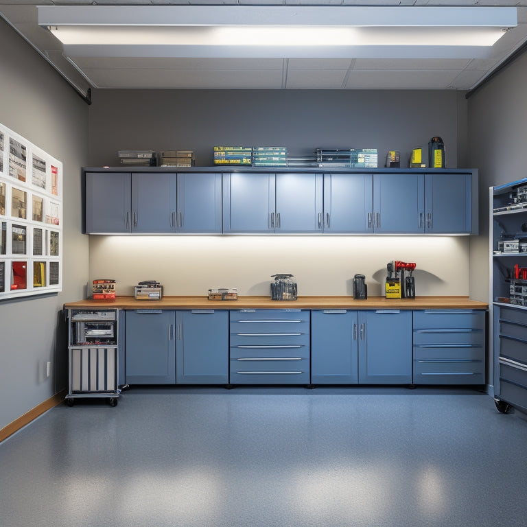 A tidy garage interior with a row of sleek, metal tool drawer cabinets, each with a polished chrome handle, against a light gray wall, illuminated by soft, overhead lighting.