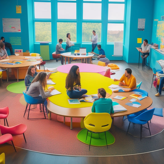 A bright, modern classroom with a large, circular table in the center, surrounded by engaged students and a facilitator, amidst colorful post-it notes, laptops, and creative workshop materials.