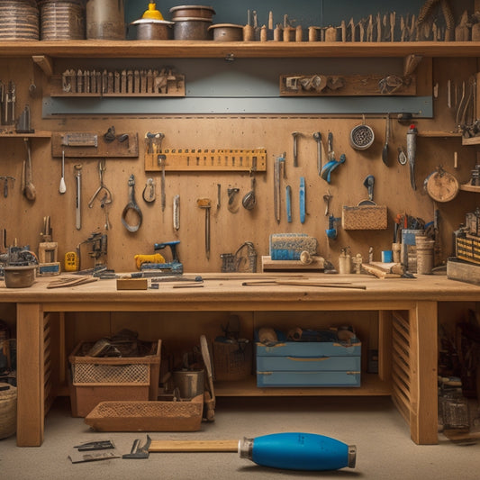 A well-organized workshop with a sturdy, wooden workbench in the center, surrounded by neatly arranged tools, a pegboard with hanging accessories, and a few projects in various stages of completion.