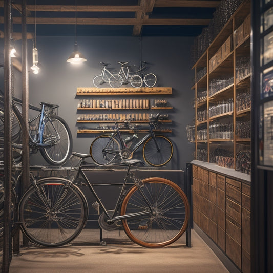 A dimly lit, rustic-chic bicycle shop interior with rows of sleek, precision-crafted road bikes and a prominent, circular tube display wall in the background, adorned with various tube types.