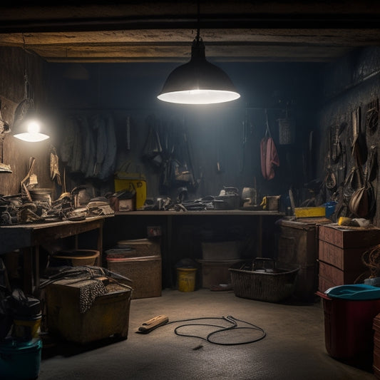 A dimly lit garage with a cluttered, cramped space, filled with old boxes, rusty tools, and a tangled mess of cords, with a single, faint light bulb hanging from the ceiling.