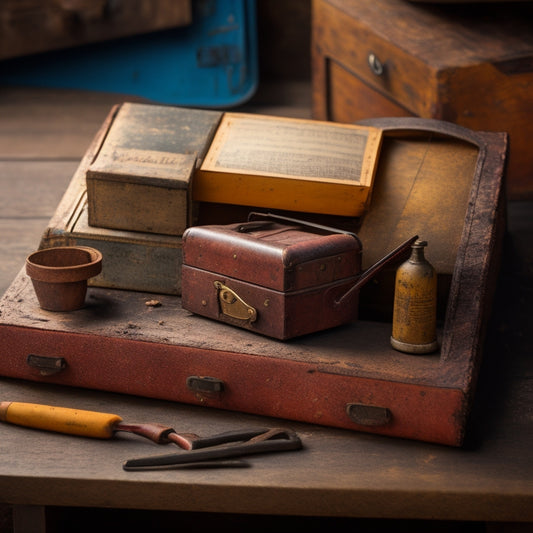 A worn, wooden toolbox with a rusty metal latch, surrounded by scattered hand tools, with a hammer resting on top, and a small, leather-bound notebook peeking out from beneath the lid.