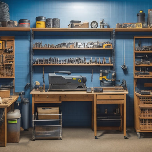 A tidy workshop with a pegboard covered in neatly organized power tools, a rolling cabinet with labeled drawers, and a wall-mounted fold-down workstation with built-in charging stations.