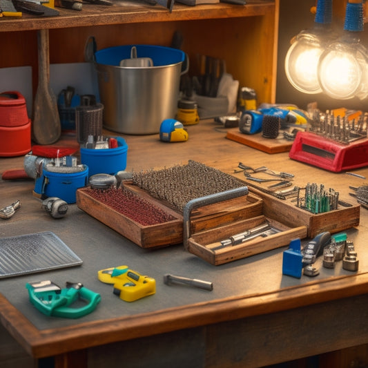 A cluttered workbench with scattered sockets and tools in the background, contrasted with a tidy socket organizer tray in the foreground, featuring neatly arranged sockets of various sizes and shapes.