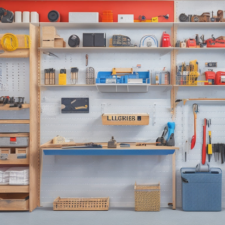 A tidy workshop with a pegboard wall, hooks holding wrenches and screwdrivers, a labeled toolbox, and a shelf with stacked storage bins, all set against a clean, white background.