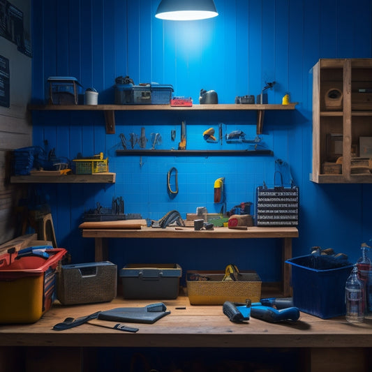 A clutter-free workshop with a pegboard on the wall, hooks holding wrenches and pliers, a portable toolbox on a workbench, and a labeled storage bin on a shelf, all illuminated by a single overhead light.