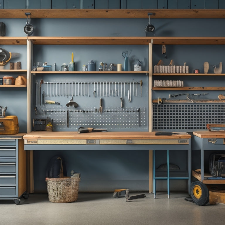 A tidy workshop with a pegboard adorned with neatly organized tools, a rolling cabinet with labeled drawers, and a wall-mounted foldable workbench with a vice, all set against a clean, gray concrete background.