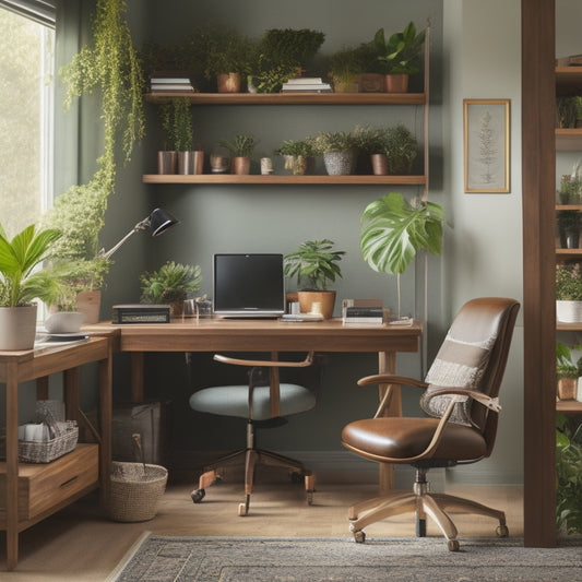 A serene and organized home office with a large wooden desk, a comfortable ergonomic chair, a few thriving plants, and a few essential office supplies neatly arranged on a shelf.