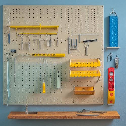 A pegboard with various hooks, bins, and holders, filled with organized keys, screws, and small tools, against a light gray or beige background, with subtle shadows and soft focus.