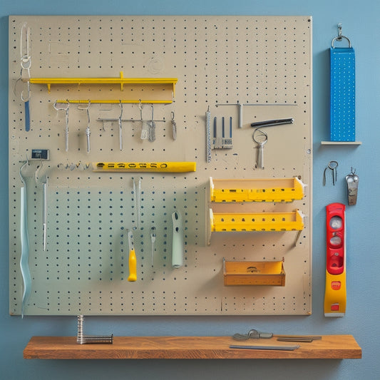 A pegboard with various hooks, bins, and holders, filled with organized keys, screws, and small tools, against a light gray or beige background, with subtle shadows and soft focus.