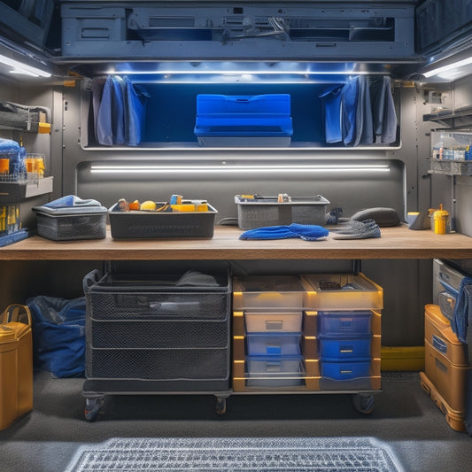 A clutter-free mobile mechanic's van interior with neatly organized toolboxes, a pegboard on the wall, and a sliding storage bin under the workbench, illuminated by a bright LED light strip.