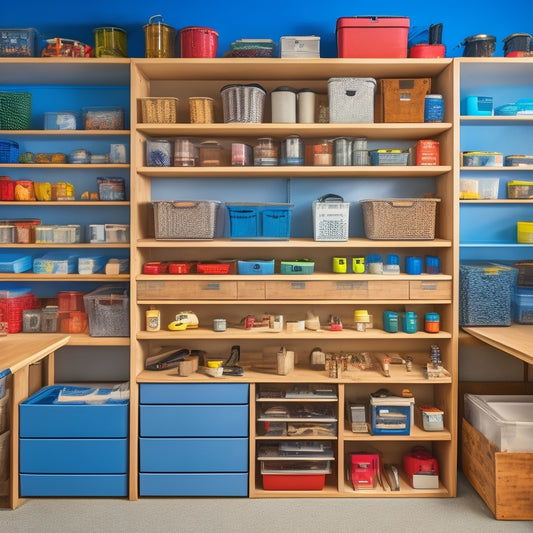 A clutter-free workshop with a mix of small to medium-sized storage bins, shelves, and cabinets in a compact, L-shaped layout, with tools and materials neatly organized and labeled.