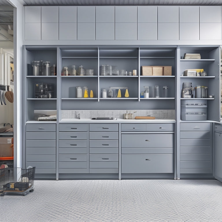A well-organized garage with sleek, gray cabinets featuring soft-close drawers, adjustable shelves, and a pegboard with organized tools, set against a clean, white background with subtle lighting.