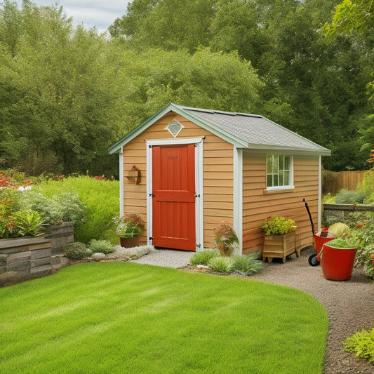 A serene backyard scene featuring a compact, rusty-red shed with a sloping roof and white trim, surrounded by lush greenery, with a few gardening tools and a wheelbarrow nearby.