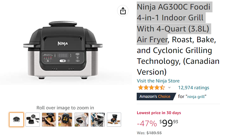 Amazon.ca: Ninja AG300C Foodi 4-in-1 Indoor Grill With 4-Quart Air Fryer $99.93 (Was $189.93, Save 47%)