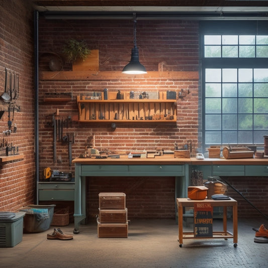 A clutter-free, well-organized urban workshop with a pegboard on a brick wall, a compact workbench, and a rolling tool cabinet, illuminated by natural light pouring through a large industrial window.