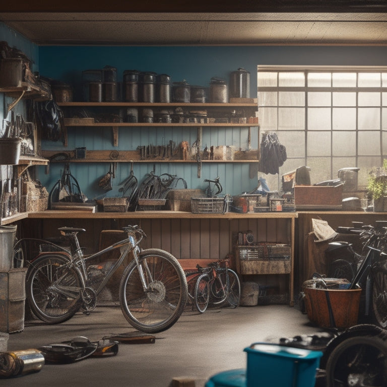 A cluttered garage with scattered tools, bikes, and storage bins, contrasting with a clean and organized section featuring labeled shelves, a pegboard, and a sleek workbench, illuminated by natural light.