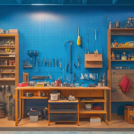 A clutter-free workshop with a pegboard featuring neatly organized tools, a rolling cabinet with labeled drawers, and a wall-mounted foldable workbench with a built-in vice.