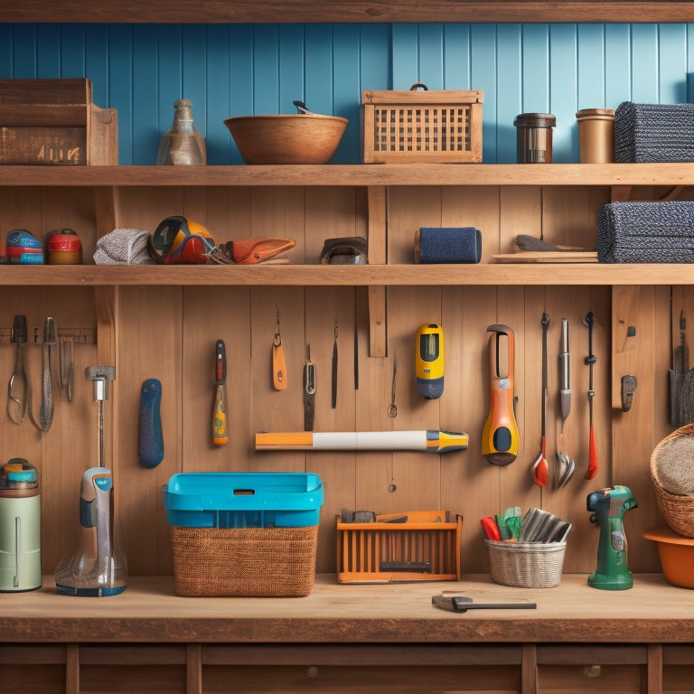 A horizontal composition featuring a wooden wall with a mix of mounted shelves, hooks, and baskets, surrounded by various DIY tools like a hammer, level, and cordless drill.