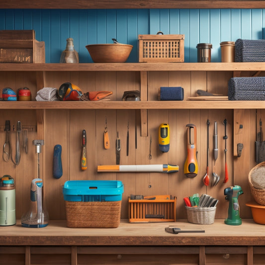 A horizontal composition featuring a wooden wall with a mix of mounted shelves, hooks, and baskets, surrounded by various DIY tools like a hammer, level, and cordless drill.