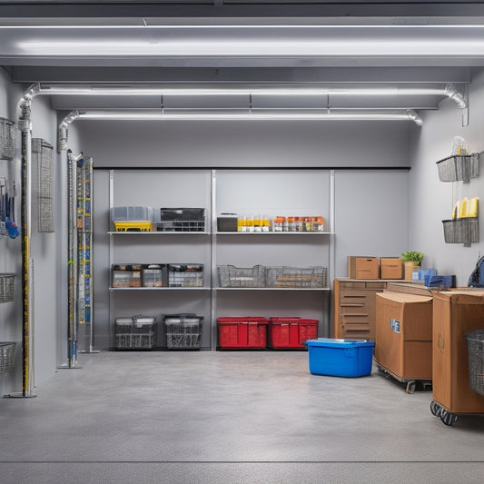 A well-lit, modern garage interior with sleek, silver storage racks mounted on walls and ceiling, holding various bins, baskets, and tools, showcasing optimal organization and utilization of space.