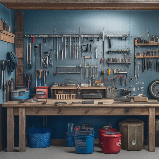 A tidy garage workshop with a pegboard on the wall, a hanging wrench organizer with neatly arranged wrenches of various sizes, and a few tools scattered on a nearby workbench.