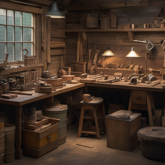 A cluttered woodworking shop with scattered tools, half-finished projects, and a workbench covered in sawdust, contrasting with a small, organized corner featuring a tidy toolbox and a single, pristine woodworking piece.