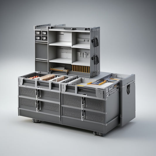 A futuristic, sleek, and organized tool box system with interlocking modules, featuring a central core, removable drawers, and adjustable dividers, set against a clean, gray, and minimalist background.