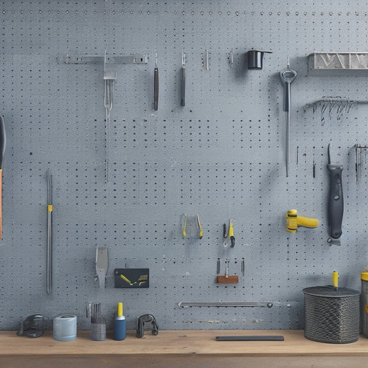 A sleek, modern workshop with a large, wall-mounted steel pegboard by Knape & Vogt, featuring various tools and accessories neatly organized and hanging from hooks, against a clean, gray background.