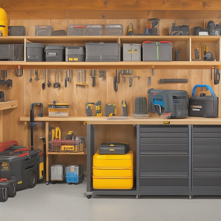 A clutter-free garage or workshop with a mix of mobile tool storage units from top brands, featuring a DeWalt ToughSystem, a Milwaukee Packout, and a Festool Systainer, with tools and accessories neatly organized.