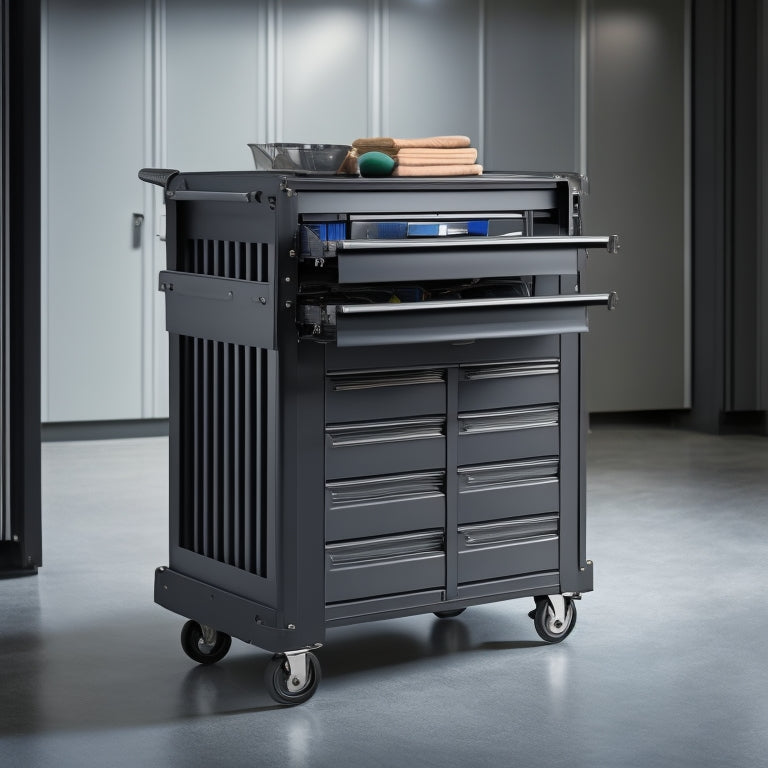 Generate an image of a sleek, black, 3-tiered tool cart with five drawers of varying sizes, wheels, and a stainless steel handle, set against a clean, gray, concrete garage floor.