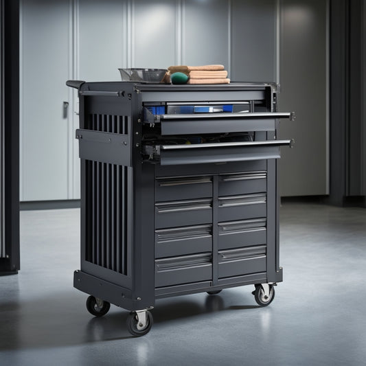 Generate an image of a sleek, black, 3-tiered tool cart with five drawers of varying sizes, wheels, and a stainless steel handle, set against a clean, gray, concrete garage floor.