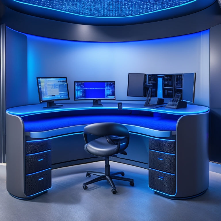 A futuristic, curved workstation hutch with a sleek, matte-black finish, adorned with neon-blue accents, featuring a sprawling, ergonomic keyboard tray, and a towering, triple-monitor setup.