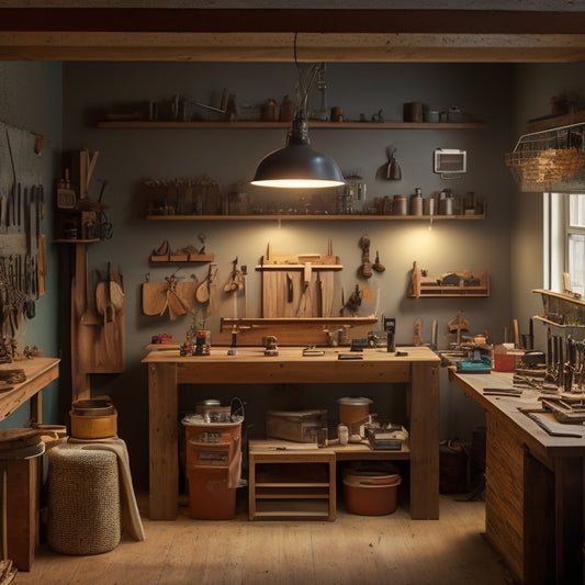 A well-organized workshop with a wooden workbench, pegboard-covered walls, and a sprawling tool collection, illuminated by a large skylight and surrounded by motivational DIY project prototypes.