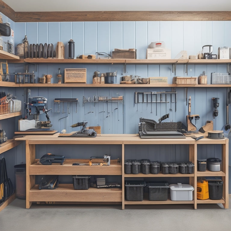 A clutter-free workshop with a sturdy, wall-mounted shelf system featuring neatly organized power tools, baskets, and bins, with a drill press and miter saw on adjacent workstations.