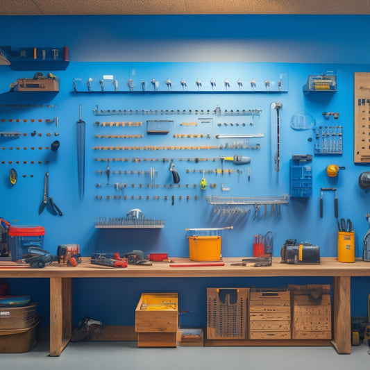 A well-organized workshop with a large pegboard on the wall, filled with neatly hung tools and accessories in a variety of shapes and sizes, surrounded by a tidy workbench and floor.