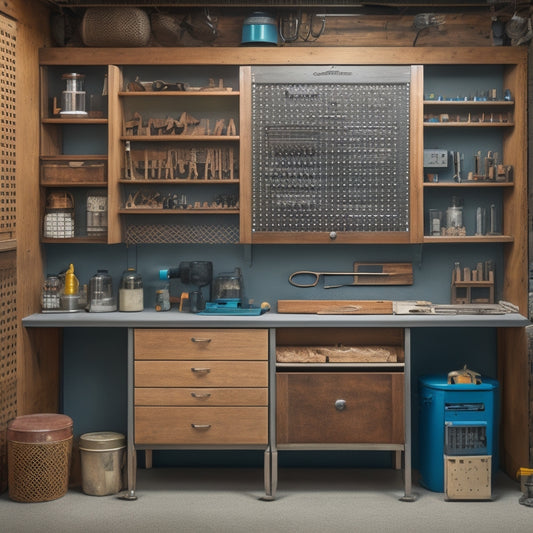 A clutter-free workshop with a pegboard featuring a mix of metal and wooden tool holders, a wall-mounted cabinet with transparent doors, and a rolling cabinet with labeled drawers.