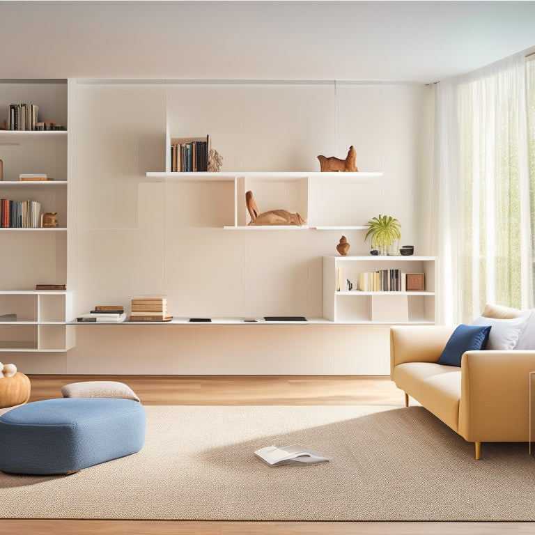 A modern, sleek living room with a minimalist aesthetic, featuring a floor-to-ceiling wall-mounted shelving unit, floating desk, and geometric-shaped storage cubes in calming whites and woods.