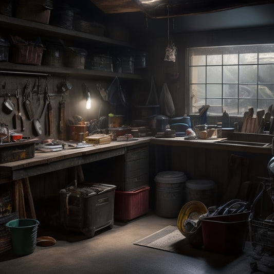 A dimly lit garage with cluttered shelves, scattered tools, and a messy workbench, surrounded by cobwebs, with a single, uncluttered corner in the background, lit by a small ray of sunlight.