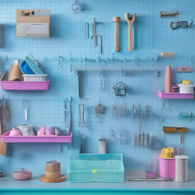 A pegboard with a mix of empty and occupied hooks, bins, and shelves, surrounded by various tools and accessories, with a subtle grid overlay and a soft, pastel-colored background.