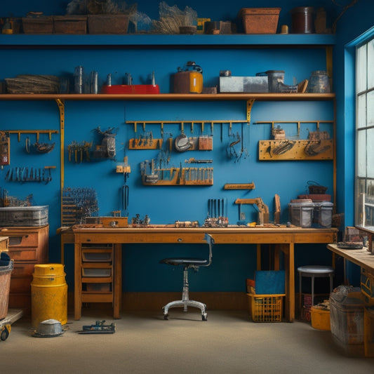 A tidy industrial workshop with a large, wall-mounted pegboard featuring neatly organized tools, bins, and accessories, surrounded by a few workbenches and a concrete floor.