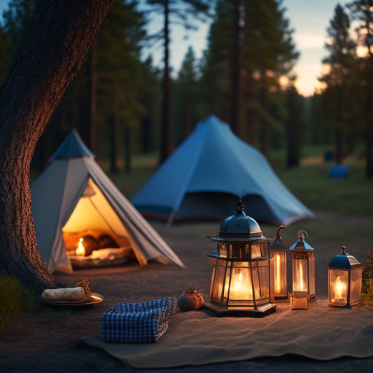 A serene campsite at dusk with a neatly organized tent, a lantern casting a warm glow, and a tidy picnic area with a checked tablecloth and a few strategically placed pinecones.