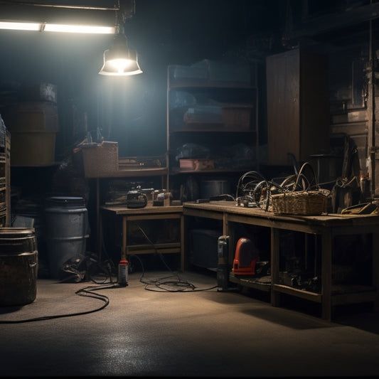 A dimly lit garage or warehouse with a Deka DC31DT deep cycle battery prominently centered, surrounded by scattered tools and wires, with a subtle glow of electric sparks in the background.