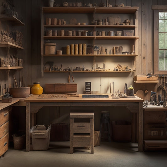 A serene, well-lit workshop with wooden cabinets, organized tools on pegboards, and a tidy workbench with a few neatly arranged projects, surrounded by a subtle background of wood shavings and faint tool tracks.