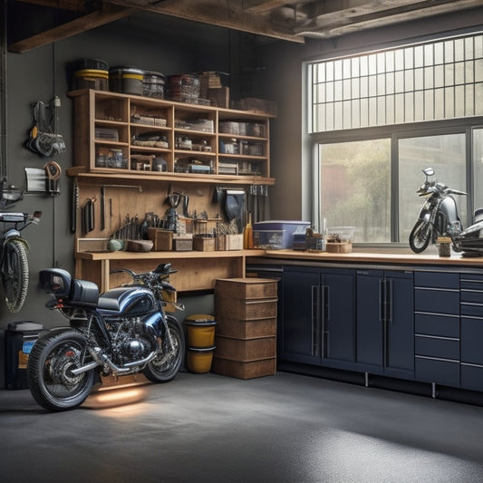 An organized garage with a workbench, tools, and shelving units, featuring a sleek, modern motorcycle and a few strategically placed bins, with a subtle cityscape background hinting at entrepreneurial success.