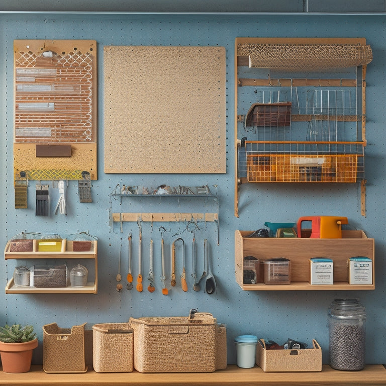 A clutter-free pegboard with assorted hooks, bins, and organizers, featuring a mix of metal and wooden accents, against a light-gray background, with soft, natural lighting and slight shadows.