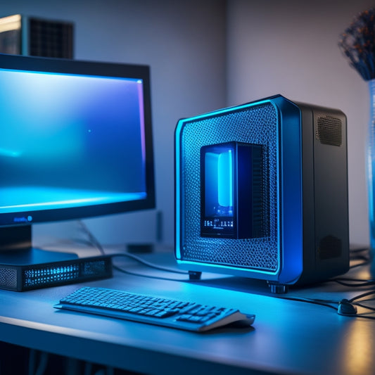 A compact, metallic mini PC with angular edges, glowing blue LED lights, and vents on the sides, sitting on a sleek, modern desk amidst tangled cables and a large, curved monitor.