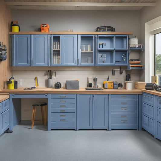 A clutter-free workshop with a central, sleek, gray tool storage cabinet featuring adjustable shelves, ball-bearing slides, and a secure lock, surrounded by organized workbenches and neatly arranged tools.